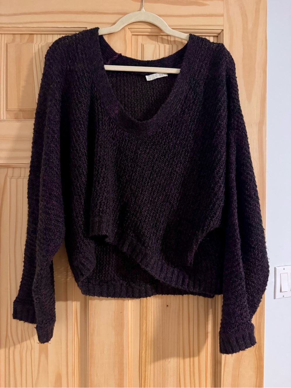 hinge Deep Purple Cropped High Low Textured Pullover Sweater